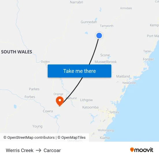 Werris Creek to Carcoar map
