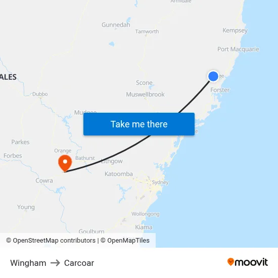 Wingham to Carcoar map