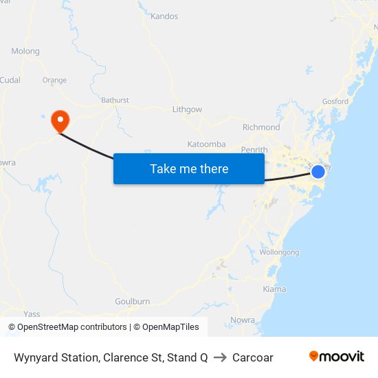 Wynyard Station, Clarence St, Stand Q to Carcoar map