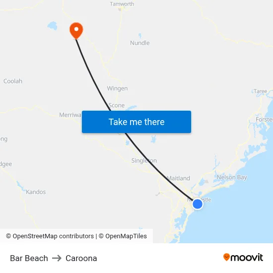 Bar Beach to Caroona map