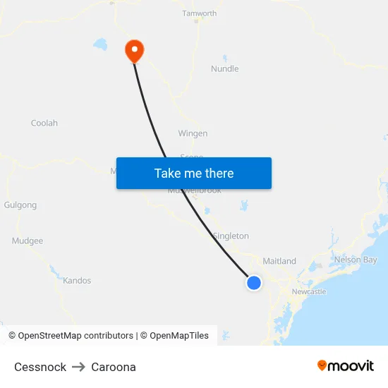 Cessnock to Caroona map