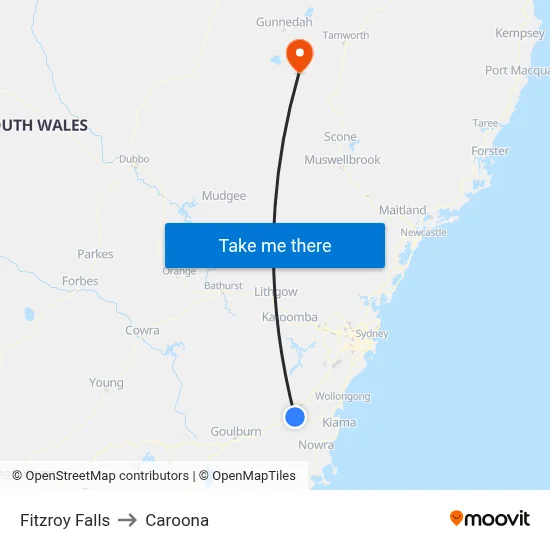 Fitzroy Falls to Caroona map
