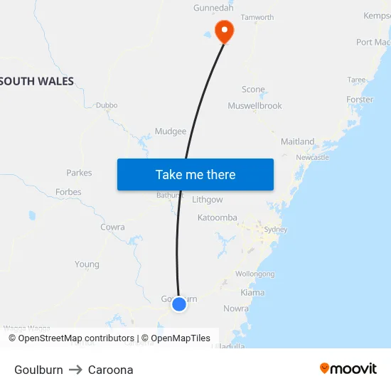 Goulburn to Caroona map