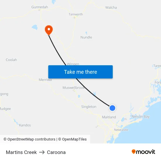 Martins Creek to Caroona map