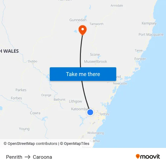 Penrith to Caroona map