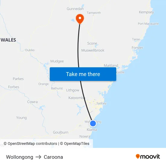 Wollongong to Caroona map