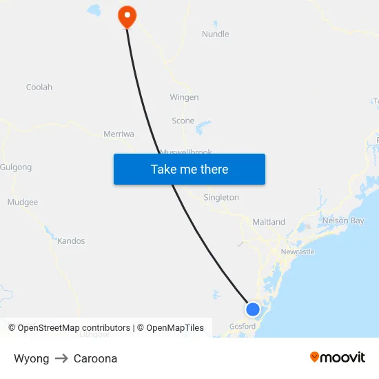 Wyong to Caroona map