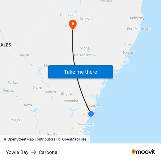 Yowie Bay to Caroona map