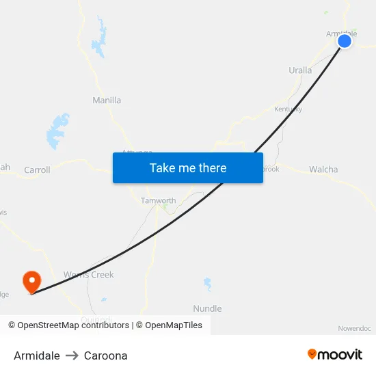 Armidale to Caroona map