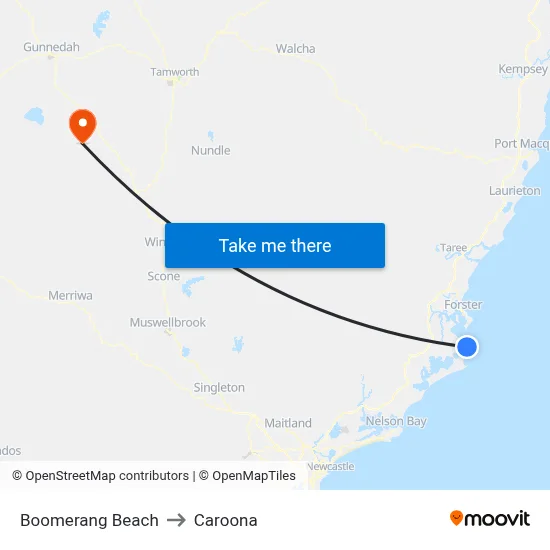 Boomerang Beach to Caroona map
