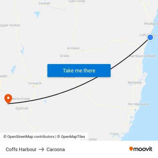 Coffs Harbour to Caroona map