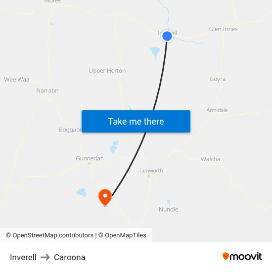 Inverell to Caroona map