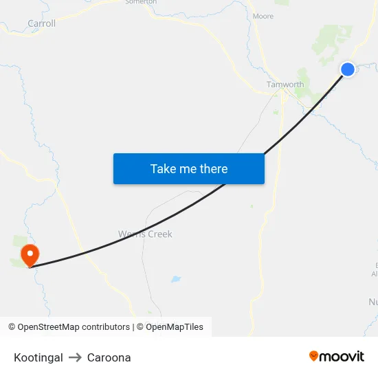 Kootingal to Caroona map