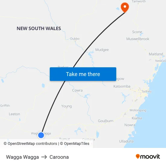 Wagga Wagga to Caroona map