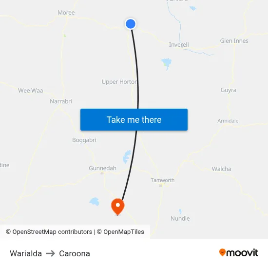 Warialda to Caroona map