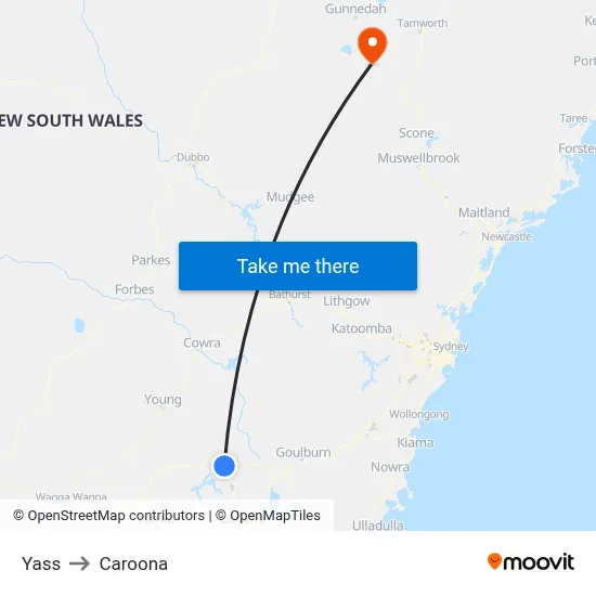 Yass to Caroona map