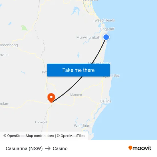 Casuarina (NSW) to Casino map