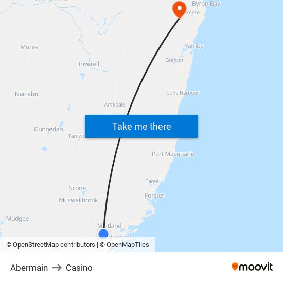 Abermain to Casino map