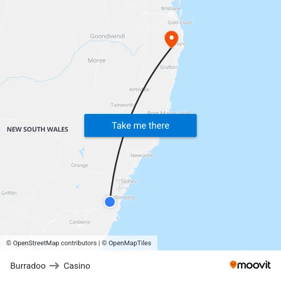 Burradoo to Casino map