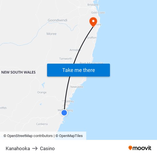 Kanahooka to Casino map
