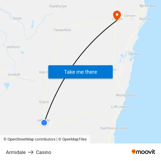 Armidale to Casino map