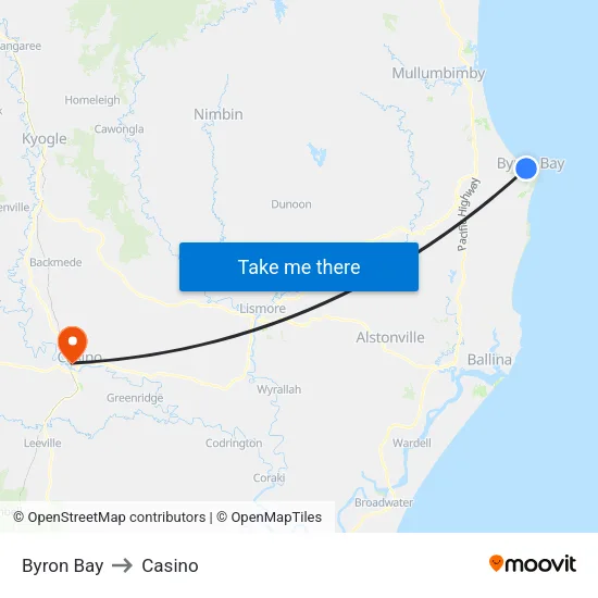 Byron Bay to Casino map