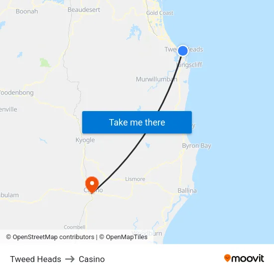 Tweed Heads to Casino map