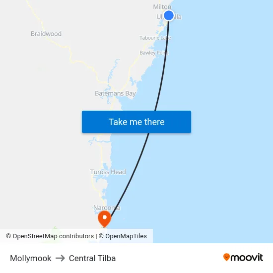 Mollymook to Central Tilba map