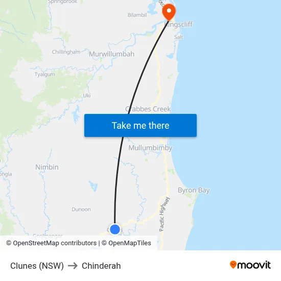 Clunes (NSW) to Chinderah map
