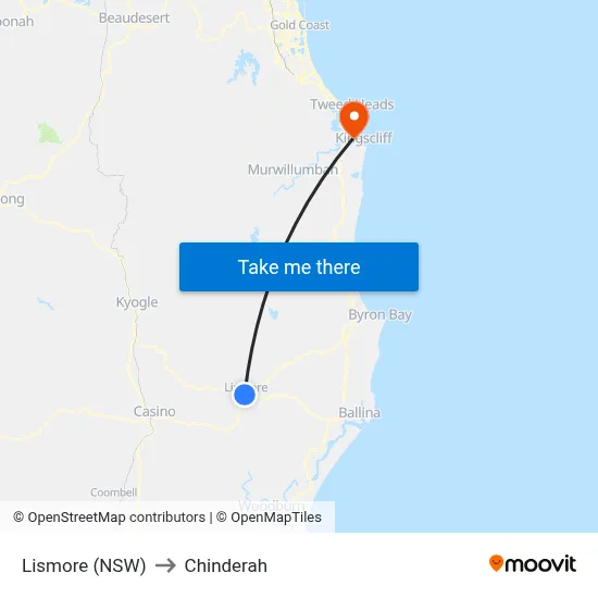 Lismore (NSW) to Chinderah map