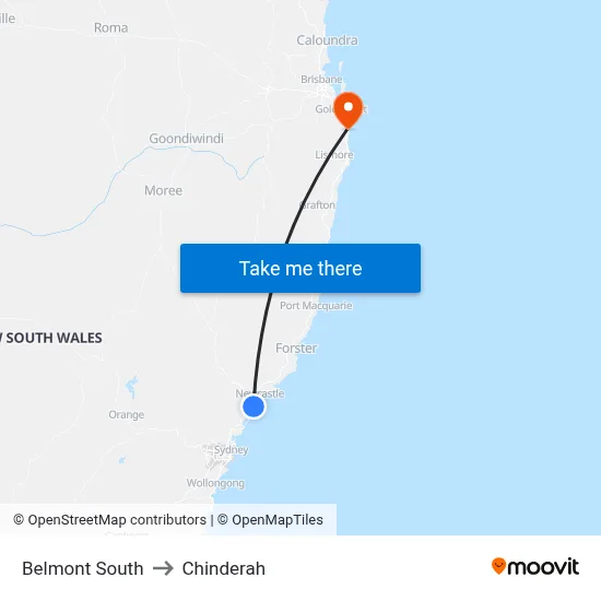 Belmont South to Chinderah map