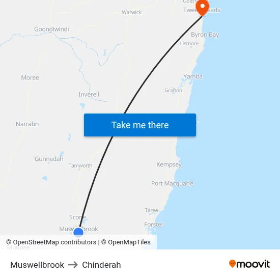 Muswellbrook to Chinderah map