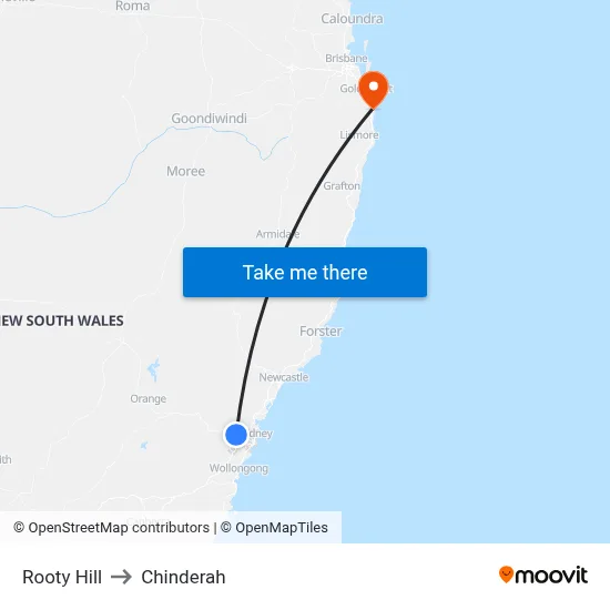 Rooty Hill to Chinderah map