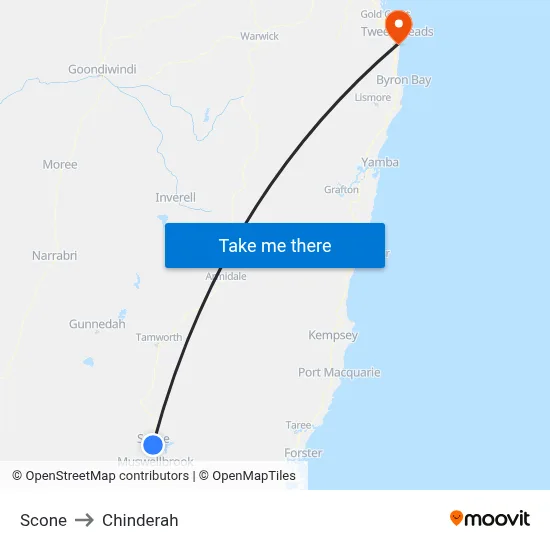 Scone to Chinderah map
