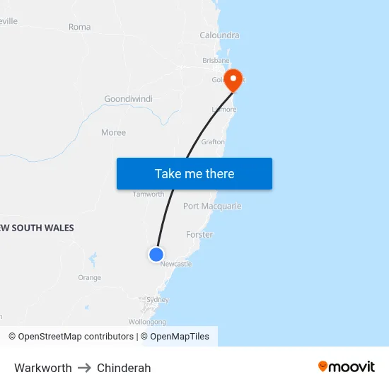 Warkworth to Chinderah map