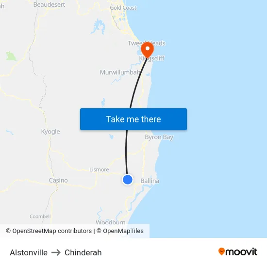 Alstonville to Chinderah map