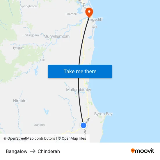 Bangalow to Chinderah map