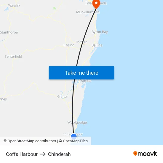 Coffs Harbour to Chinderah map