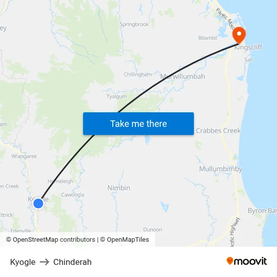 Kyogle to Chinderah map