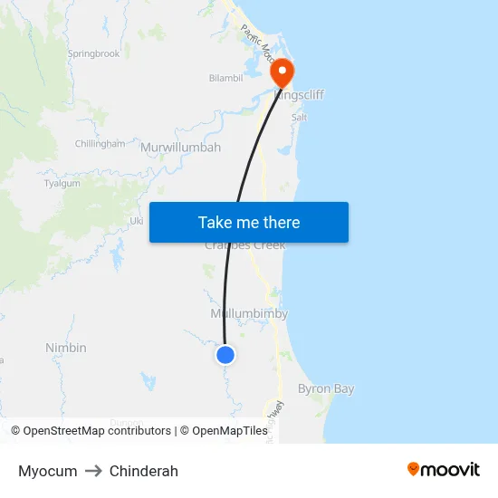Myocum to Chinderah map
