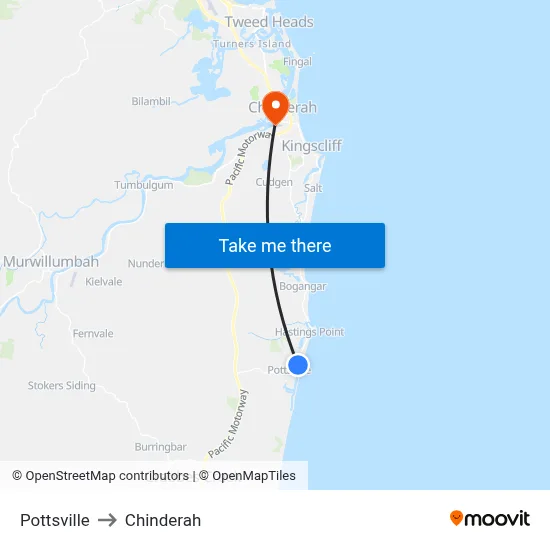 Pottsville to Chinderah map