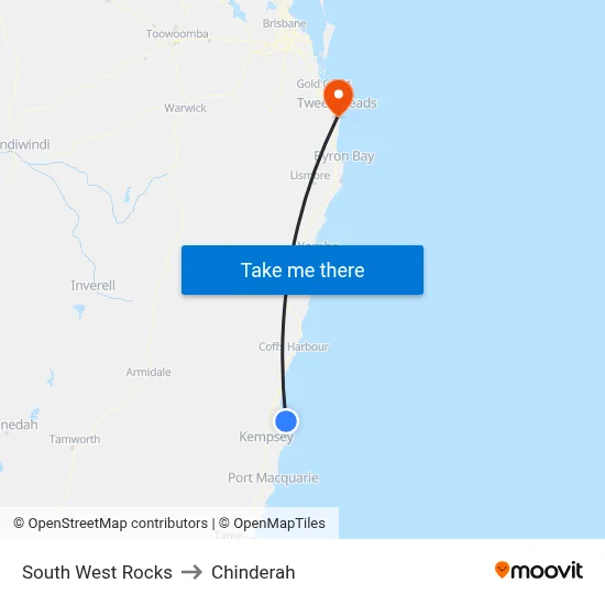 South West Rocks to Chinderah map
