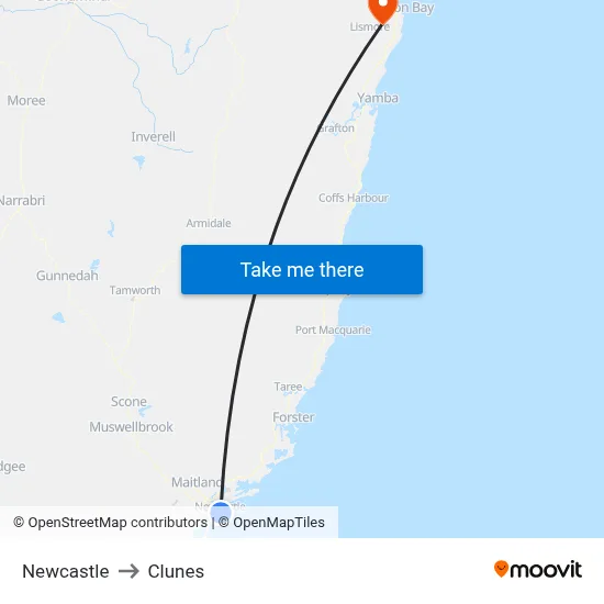 Newcastle to Clunes map