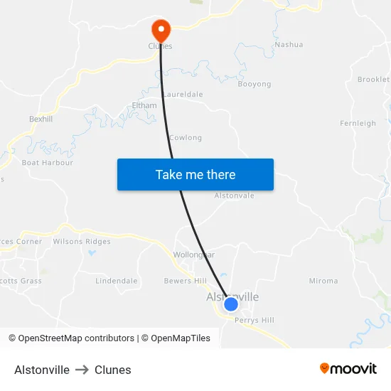 Alstonville to Clunes map
