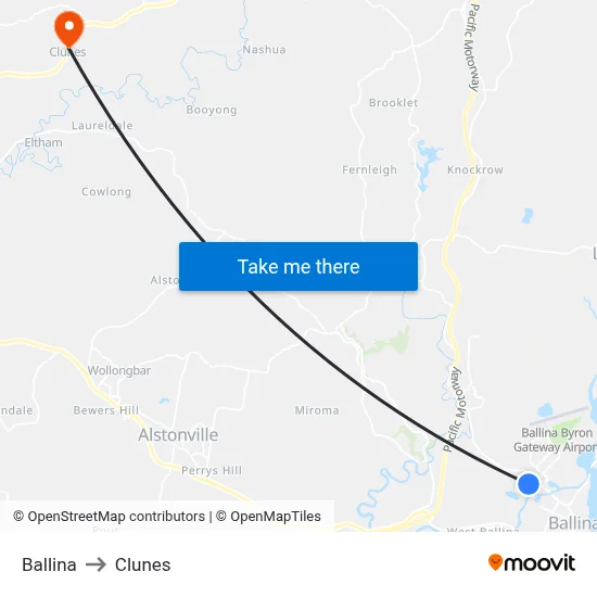 Ballina to Clunes map