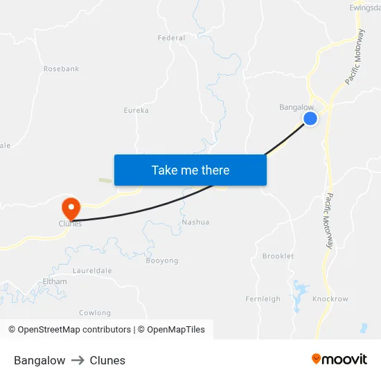 Bangalow to Clunes map