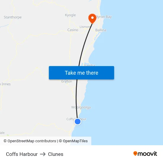 Coffs Harbour to Clunes map