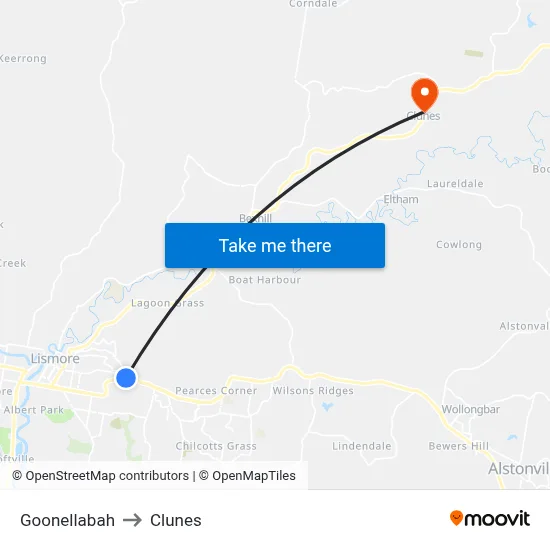 Goonellabah to Clunes map