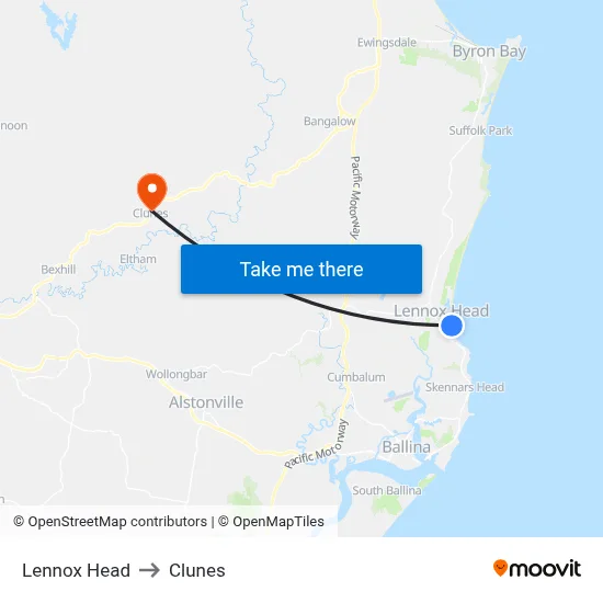 Lennox Head to Clunes map
