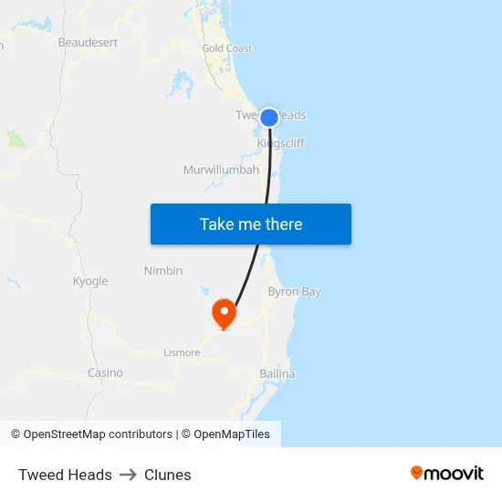 Tweed Heads to Clunes map